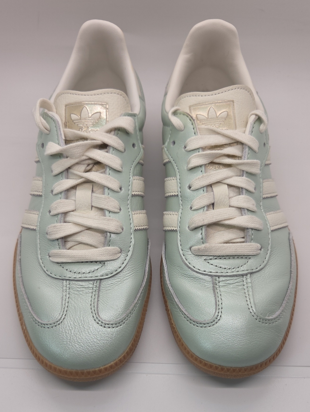 adidas Women's Samba OG Linen Green Metallic Leather Sneakers with White Stripes